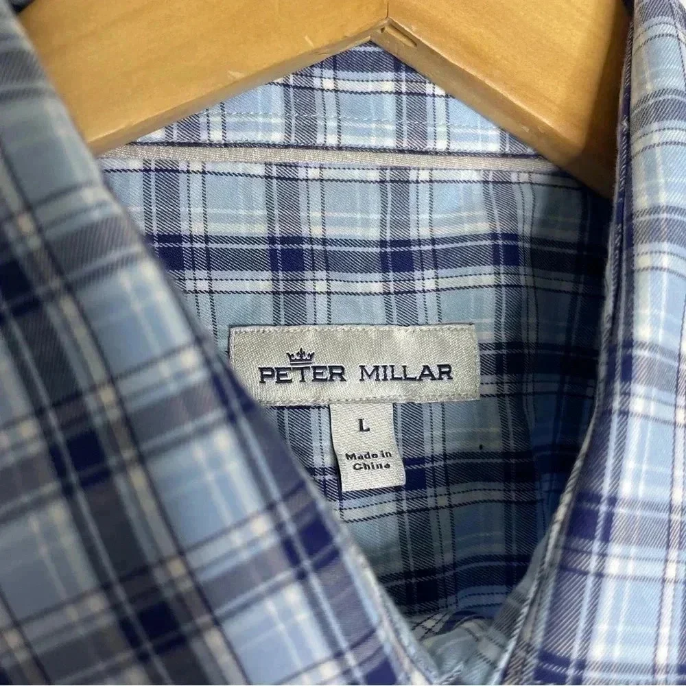 Peter Millar Light Blue and Navy Plaid Button-Down Shirt